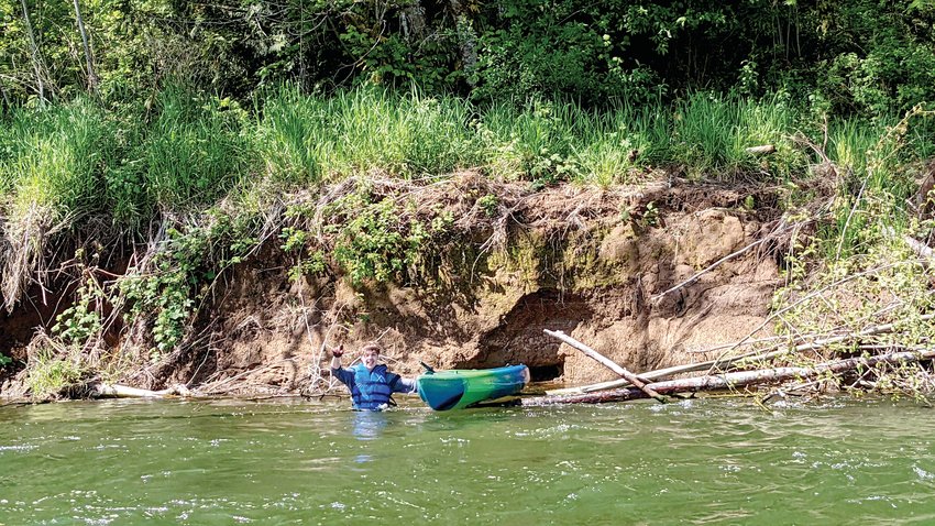 Photojournalist Jared Wenzelburger smiles and gestures after flipping his kayak on the Chehalis River Saturday near an eroded bank with downed trees.