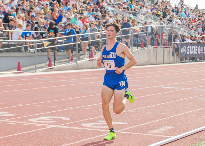 Adna’s Jordan Stout competes in the 3200 meter dash at the 1A/2B/1B State track championship in Yakima on Saturday, May 27.