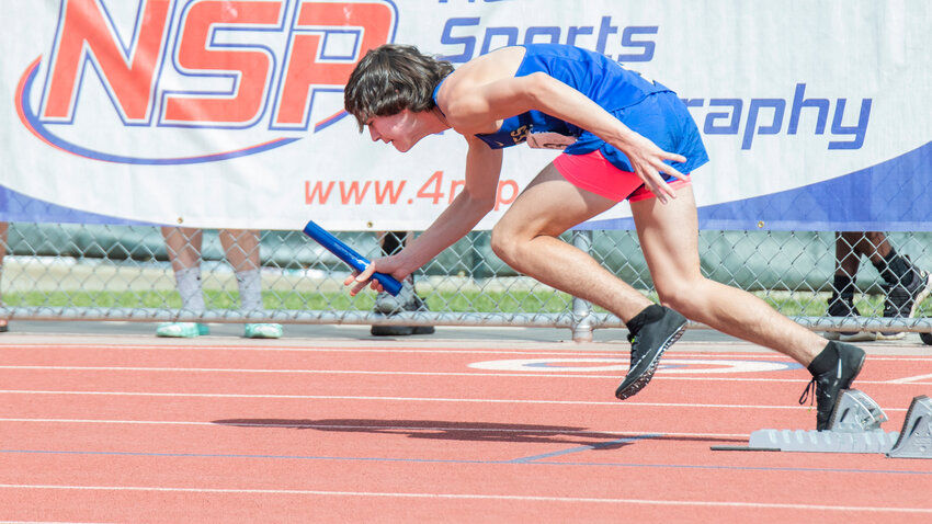 Adna’s Kolton Moon takes off during a prelim 2B boys 4x100 meter relay at the 1A/2B/1B State track meet in Yakima on Friday, May 26.