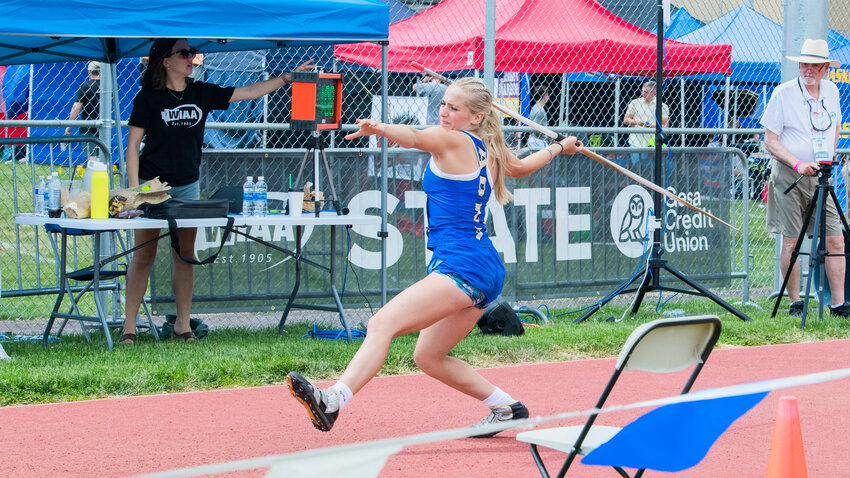 Adna's Lydia Tobin competes in the javelin throw at Eisenhower High School during the 1A/2B/1B State track and field meet in Yakima on Friday, May 26.