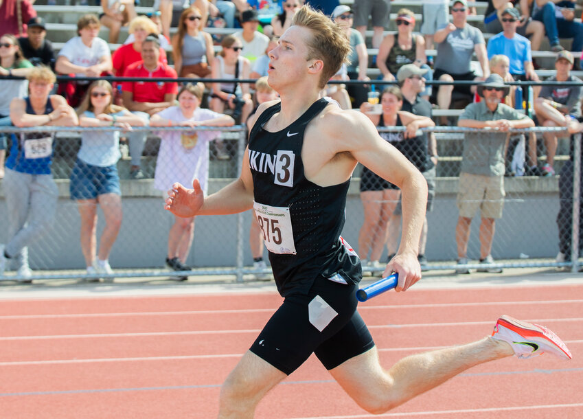 Mossyrock’s Matt Cooper, a senior, competes in the 4x100 boys 1B relay in Yakima for the State track and field meet over the weekend. Cooper also won a title in the 1B boys 800 meter run on Saturday, May 27.