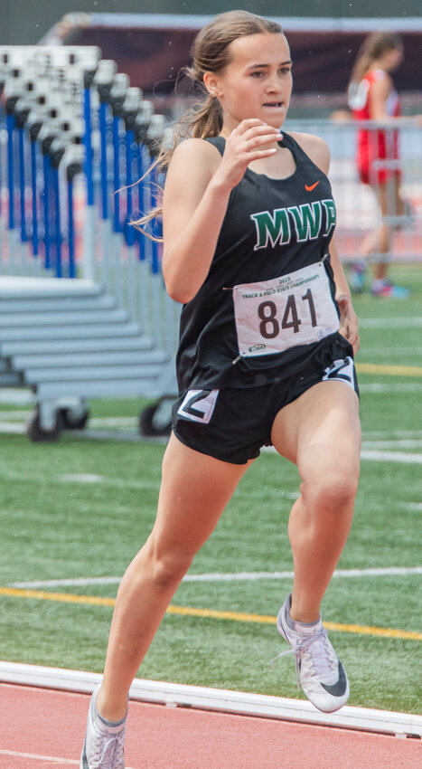 Morton-White Pass athlete Madyson Bryant sprints at the end of the 2B girls 400 meter dash during State track in Yakima on Saturday, May 27.