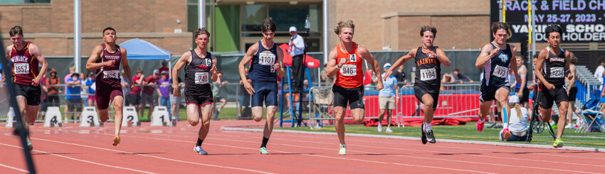 Napavine’s Max O’Neill came up just thousandths of a second short of first place in the 2B Boys 100 meter dash while running alongside Rainier’s Josh Meldrum Saturday, May 27.