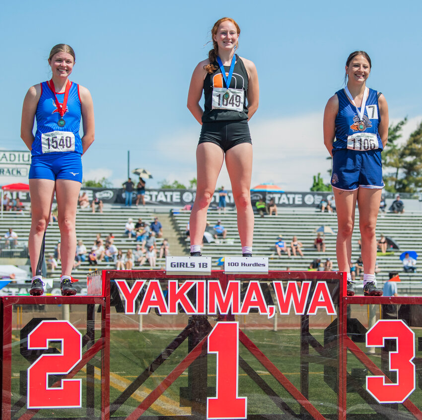 Willapa Valley’s Brooklyn Patrick and Pe Ell’s Charlie Carper took second and third respectively in the 1B girls 100 meter hurdles on Saturday in Yakima.
