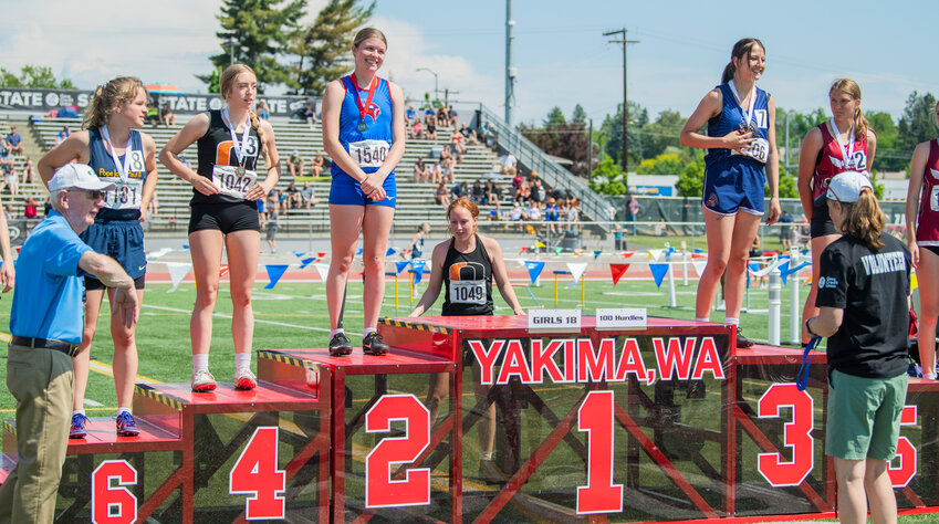 Willapa Valley’s Brooklyn Patrick and Pe Ell’s Charlie Carper took second and third respectively in the 1B girls 100 meter hurdles on Saturday in Yakima.