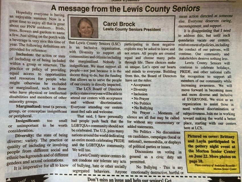 The statement from the Area Agency on Aging came following a controversial article by Carol Brock in the August edition of Senior Dynamics, a publication by DeVaul Publishing. In the article, Brock stated the policy was created to ensure “everyone will be able to attend our centers with acceptance and without discrimination.” 