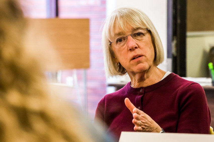 Senator Patty Murray gestures to Educator Megan Martin during a meeting in May 2019 at Toledo High School.