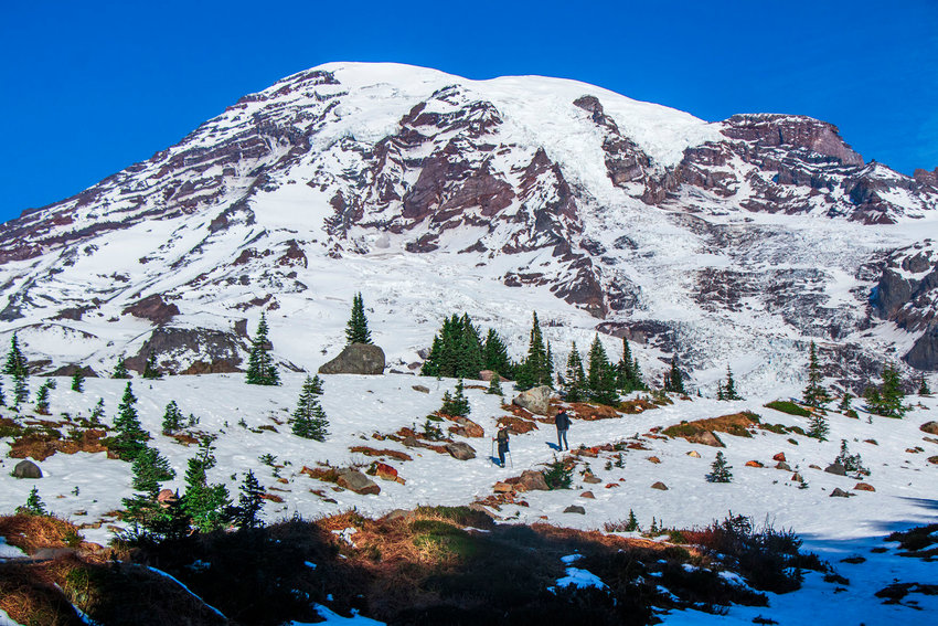 Hikers walk through the snow in 2019 in Paradise at Mount Rainier National Park.