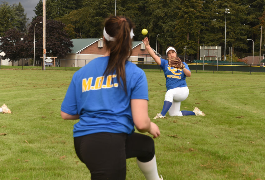 Centralia College softball players warm up with a set of throwing drills Thursday at Borst Park Sports Complex.