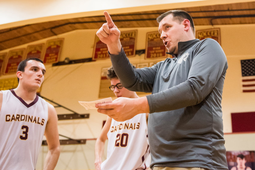 Former Winlock coach Nick Bamer talks to players during a game against Hoquiam during the 2019-20 season. Bamer took over as Tenino&rsquo;s athletic director in July.