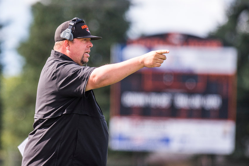FILE PHOTO -- Centralia's Head Coach Jeremy Thibault calls out instructions to his players during a non-league game in 2020.