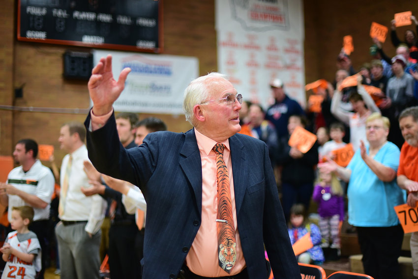 Centralia's Ron Brown soaks in the moment after his 700th career win as coach of the Tigers.