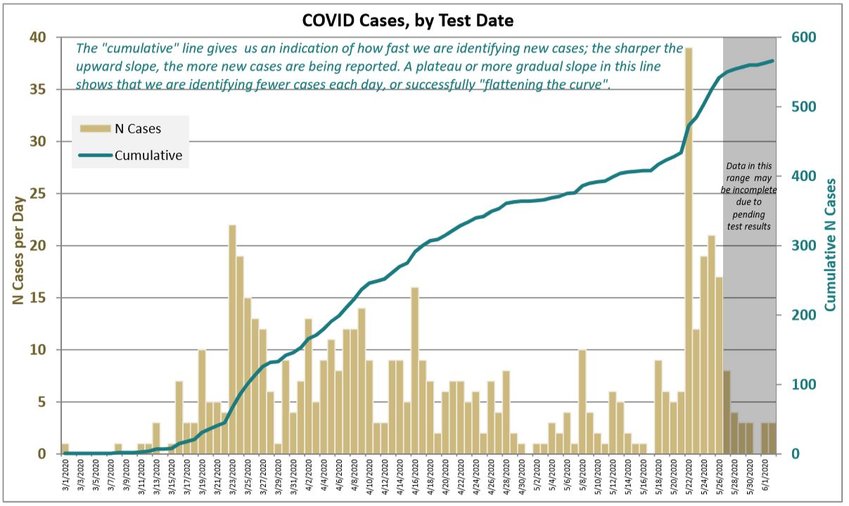 A graph showing the daily number of confirmed cases of COVID-19, as well as a curve of cumulative cases, updated to June 3. The left axis shows the number of new cases per day based on date of testing, while the right shows the cumulative number.