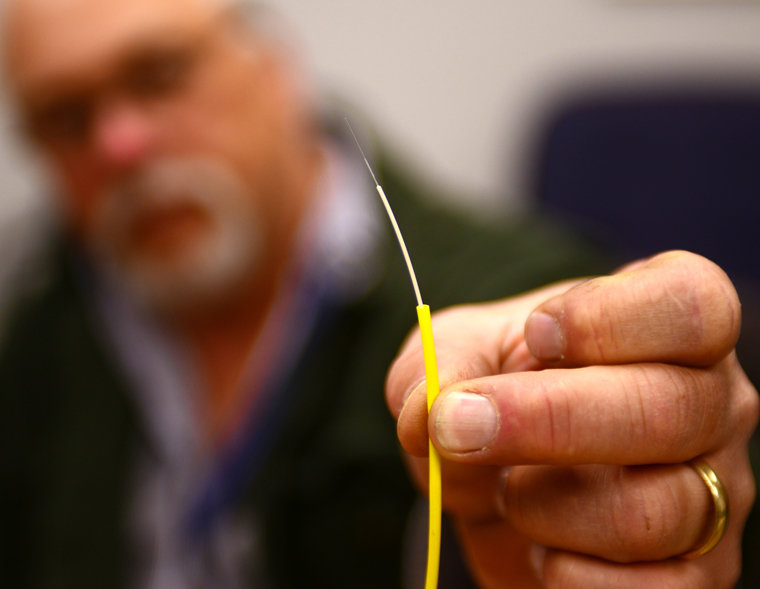 A person holds up a piece of fiber-optic wire in this file photo.