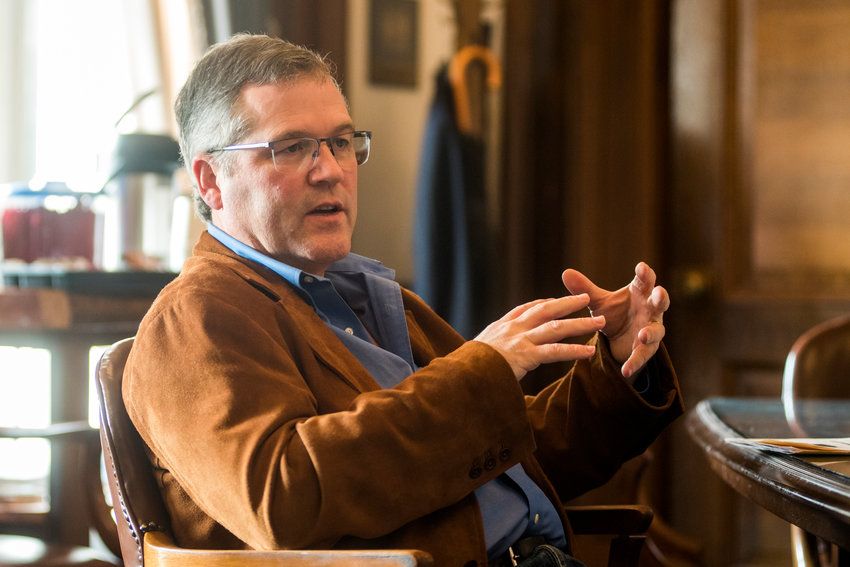 2019 FILE PHOTO &mdash; J.T. Wilcox talks during an interview inside his office at the State Capitol in Olympia.