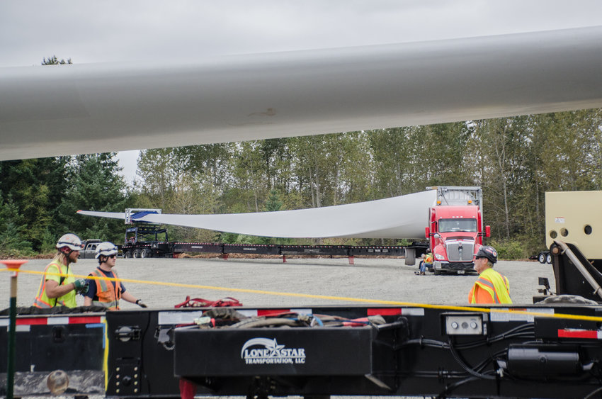 Wind turbine blades, roughly 220-feet in length, are pictured at the laydown yard just south of Rainier in this 2020 file photo.