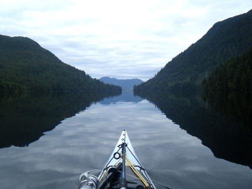 A photo taken by Scott Sellards over the bow of his kayak heading into Griffin Bay near Friday Harbor in the San Juan Islands.