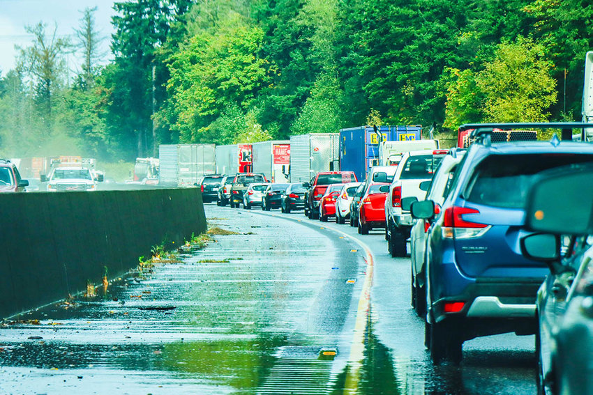 FILE PHOTO &mdash; Traffic is backed up on Interstate 5 south of Maytown in this September 2020 file photo.&nbsp;