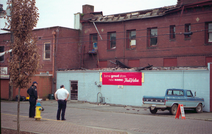 Damage is seen at the back of the TrueValue building in downtown Centralia following the Nisqually Earthquake in&nbsp; 2001.