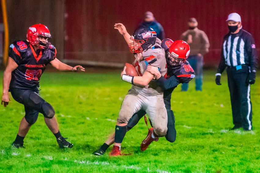 Mossyrock&rsquo;s Kainen Zavodsky (89) makes a tackle during a game against Taholah Friday night.