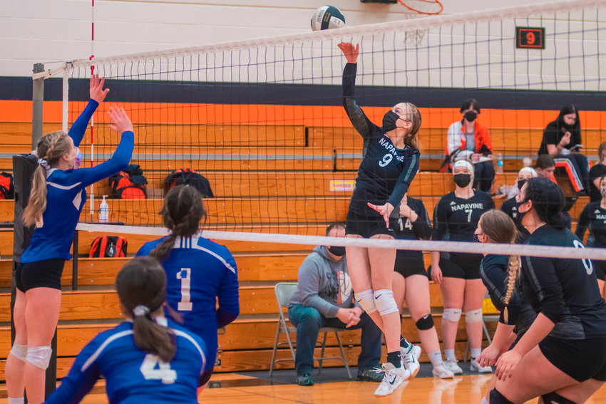 Napavine&rsquo;s Keira O&rsquo;Neill (9) hits the ball over the net during a game against Onalaska on Monday.