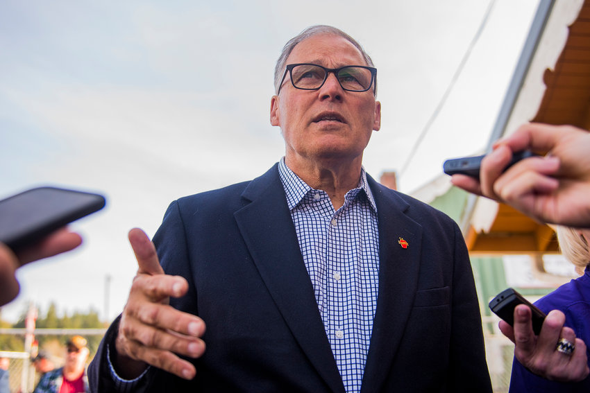 FILE PHOTO &mdash; Governor Jay Inslee talks during a press conference at the Southwest Washington Fairgrounds in Chehalis in 2019.