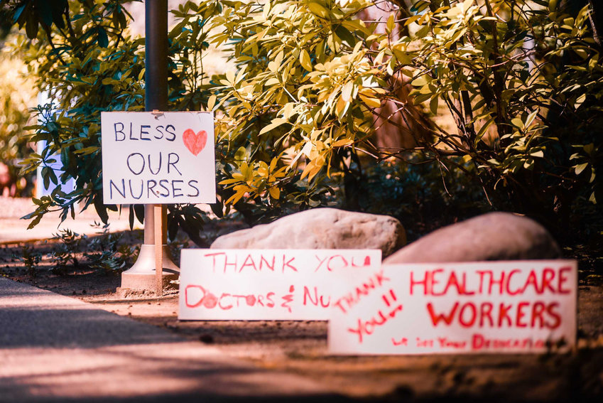 FILE PHOTO &mdash; Signs around Providence St. Peter Hospital in Olympia show support for hospital workers in 2020.