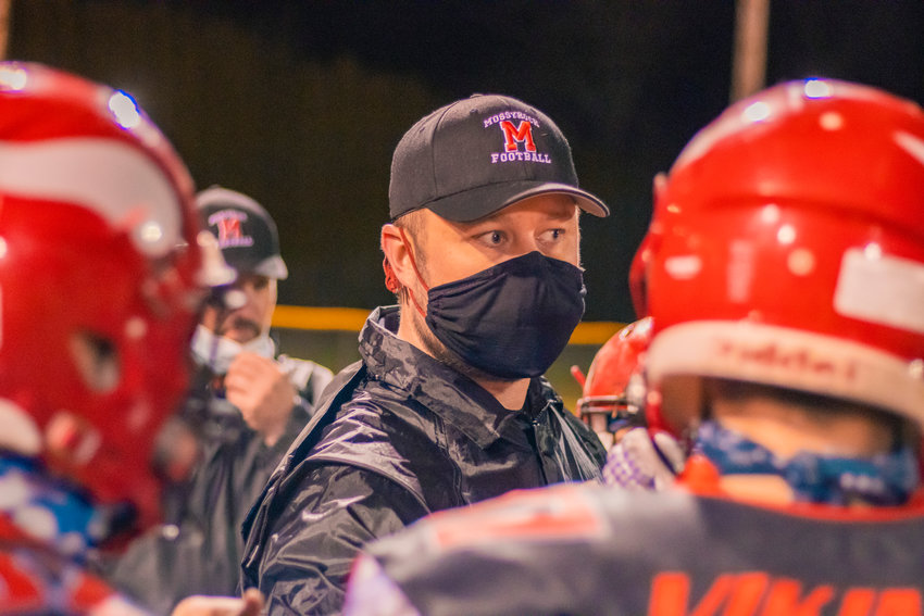 FILE PHOTO - Vikings&rsquo; Head Coach Eric Ollikainen talks to players during a game against the Winlock on March 5.