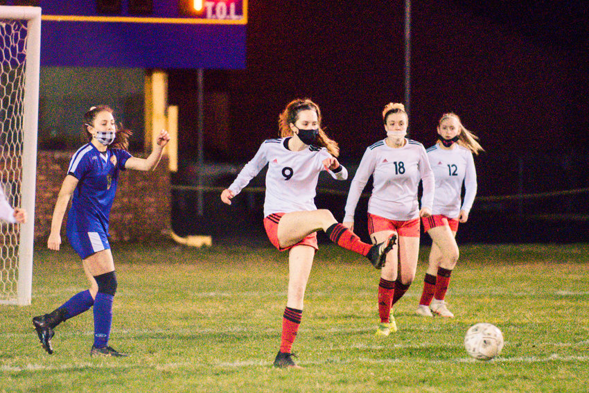 FILE PHOTO - Toledo's Marina Smith (9) kicks the ball down field during a game against Onalaska Monday night.