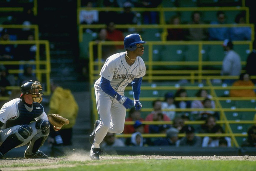 Ken Griffey Jr. of the Seattle Mariners runs to first after hitting the ball during a game in 1989. (Jonathan Daniel/Allsport/Getty Images/TNS)