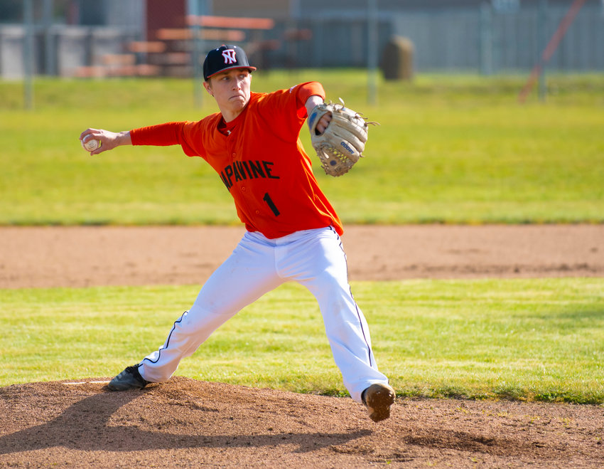 FILE PHOTO - Napavine senior starting pitcher Laythan Demarest winds up for a throw against Toutle Lake in the season opener.
