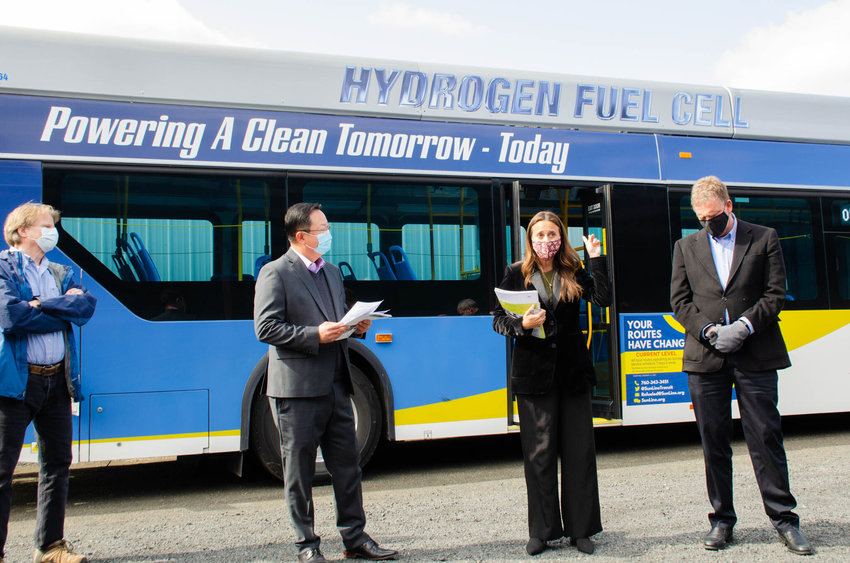 An Xcelsior CHARGE H2 model from New Flyer, a subsidiary of leading bus manufacturer NFI Group, runs on hydrogen. This bus made a stop at Twin Transit Tuesday.