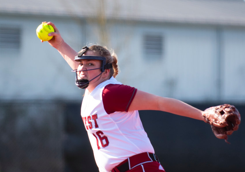 W.F. West junior pitcher Kamy Dacus winds up for a first-inning pitch against Rochester at home on Wednesday.