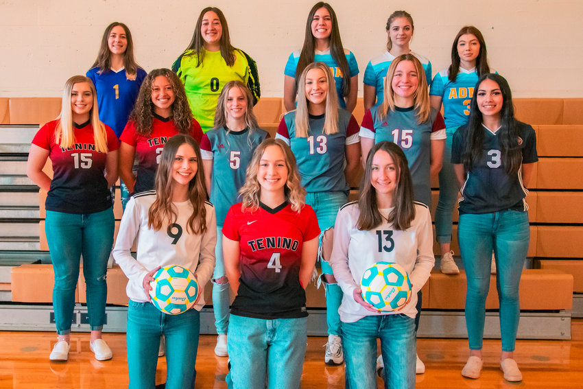 Girls pose for the All-Area Soccer photo in Centralia on Wednesday.