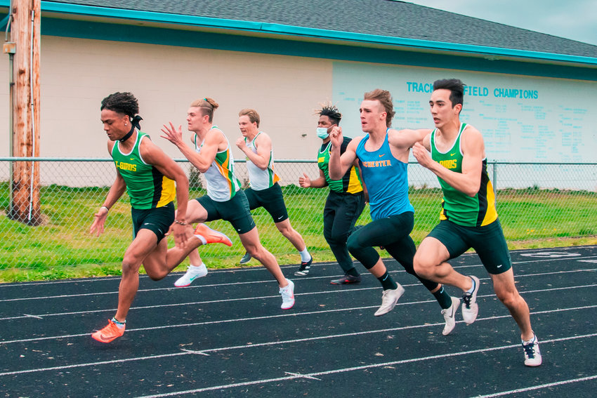 FILE PHOTO - Rochester&rsquo;s Talon Betts runs in the mens 100m during a meet with Tumwater on Wednesday.