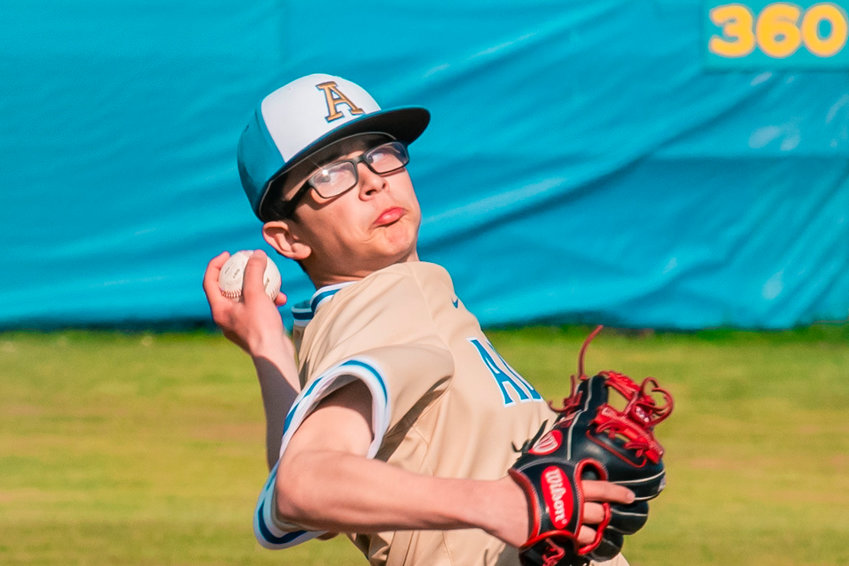 Adna&rsquo;s Tristan Percival (1) throws a pitch during a game on Thursday.