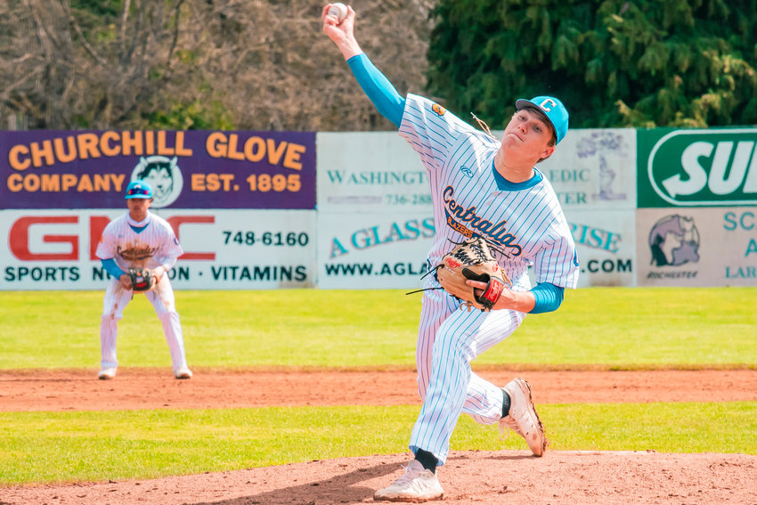 Derek Beairsto, a 2020 Centralia High School grad, pitches for the Blazers during a game at Wheeler Field on Saturday.