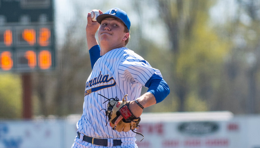 Centralia College pitcher Derek Beairsto winds up for a pitch on Saturday at Wheeler Field in Centralia.