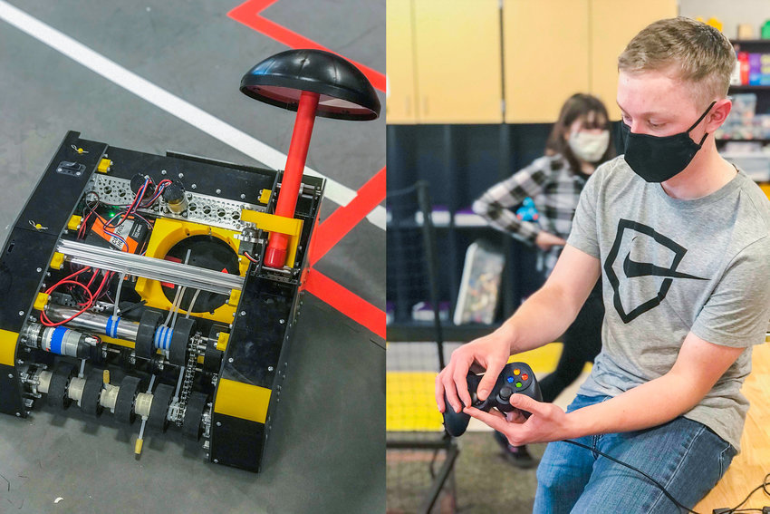 Left: The Adna robot.  Right: Nate Scheuber shows how he uses a video game controller to drive the robot.