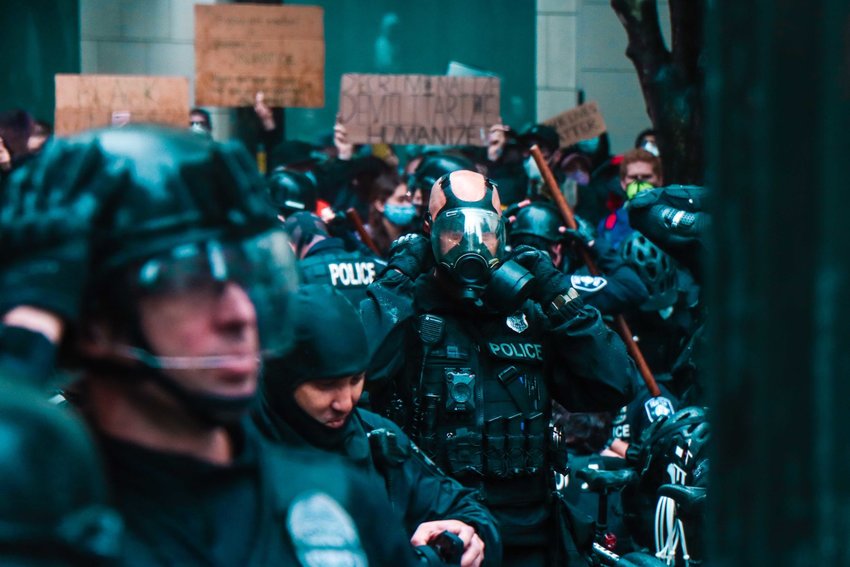 Seattle police gear up for demonstrations in May 2020 in Seattle.