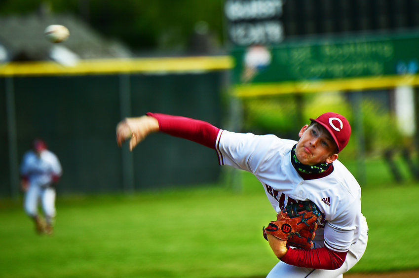 W.F. West High School pitcher Tanner Vaughn lets loose with a scorcher in the Bearcats&rsquo; home game against Centralia High School on Monday, April 26.