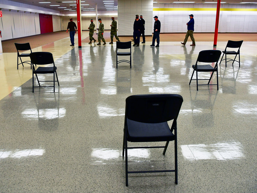 Chairs are carefully placed and distanced on Tuesday, April, 27, in preparation for Wednesday&rsquo;s Public Walk-in Covid-19 Vaccine Clinic to be held in the former Sears location in the Lewis County Mall. A variety of local officials toured the site on Tuesday to ensure its readiness for the clinic, which will be staffed by members of the Washington Army National Guard.