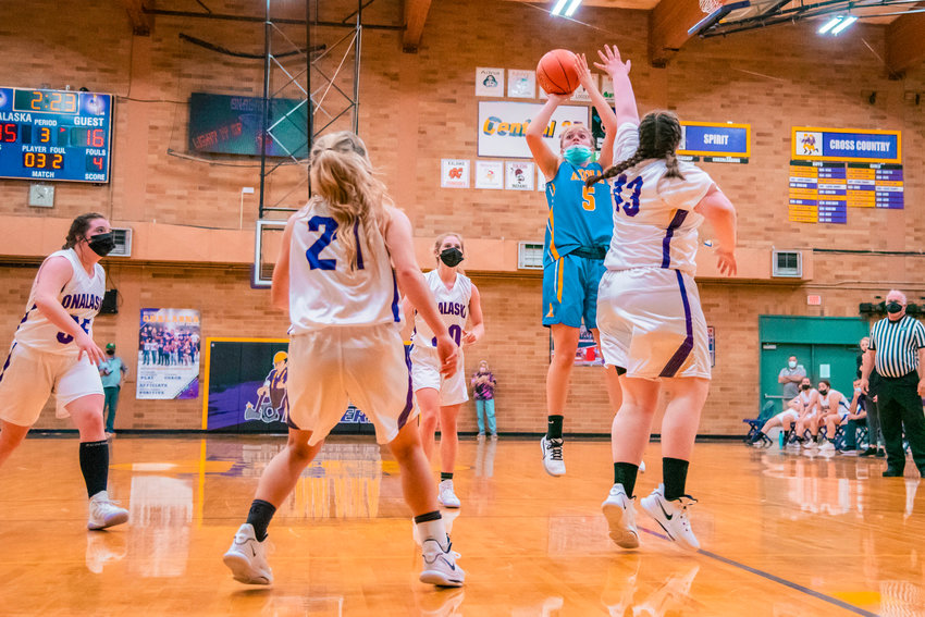 Adna&rsquo;s Kaylin Todd (5) goes up for a shot during a game against Onalaska on Thursday.