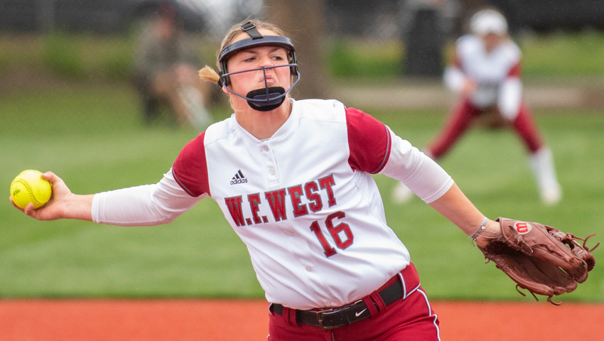 W.F. West ace Kamy Dacus winds up to deliver a pitch to Rochester during the district title game on Thursday.