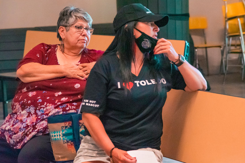 Cowlitz Indian Tribal Chairwoman Patty Kinswa-Gaiser and her daughter Suzanne Donaldson express their opinions on the current school mascot during a public meeting Tuesday afternoon in Toledo.