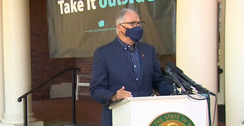Gov. Jay Inslee hosts a press conference outside of the governor&rsquo;s mansion Thursday, April 15.
