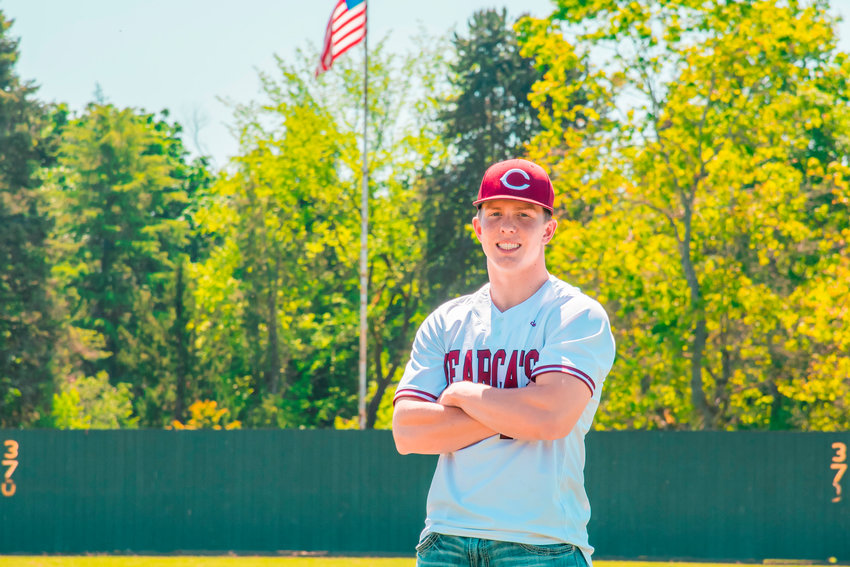 W.F. West senior catcher Drew Reynolds poses for a photo at Wheeler Field on Sunday in Centralia.