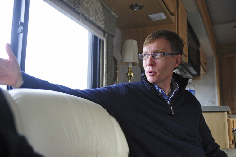 2012 FILE PHOTO &mdash; Rob McKenna looks out the window of the RV he was criss-crossing the state in the week before the gubernatorial election prior to making a stop at the Lewis County Republican headquarters in Centralia.