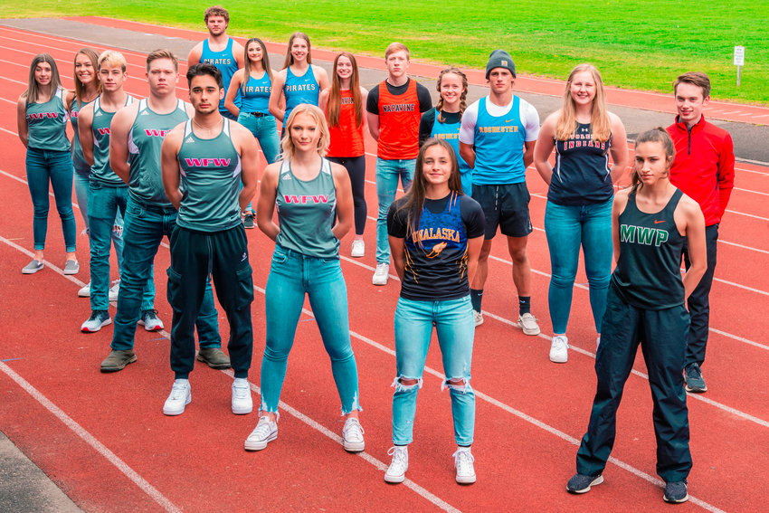 Members of the All-Area Track and Field team pose for a photo inside Bearcat Stadium last Sunday in Chehalis. In the back row, from left: Adna&rsquo;s Lane Baker, Carli Latimer and Faith Wellander; Napavine&rsquo;s Vannie Fagerness and Lucas Dahl; Rochester&rsquo;s Lily Morgan and Talon Betts; and Toledo&rsquo;s Stacie Spahr and Nicholas Marty. In the front row, from left: W.F. West&rsquo;s Elaina Koenig, Kyla McCallum, Seth Hoff, Bryson Boyd, Connor Russell, and Gracie Ericson; Onalaska&rsquo;s Brooklyn Sandridge; and MWP&rsquo;s Jordan Koetje.