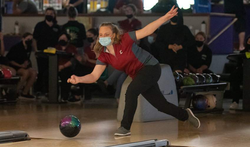 W.F. West's Cami Aldrich bowls during a match against Tumwater on Tuesday at Westside Lanes in Olympia.